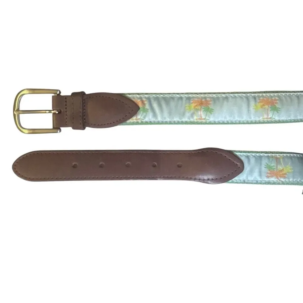 TheBelted Cow Co. Maine Palm Tree Ribbon Belt Leather Brass Buckle 36/40